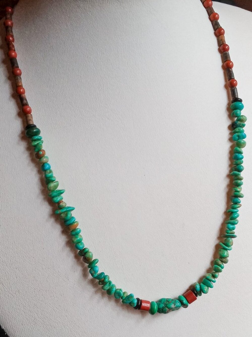 Genuine Southwestern Native American Turquoise & Red Coral Bead Necklace - Picture 2 of 14